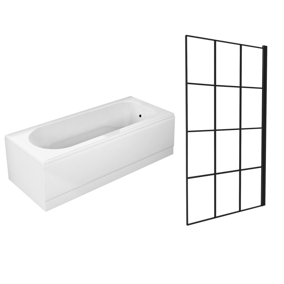 Nes Home 1700mm Round Bath with Legs and Square Black Grid Bath Screen