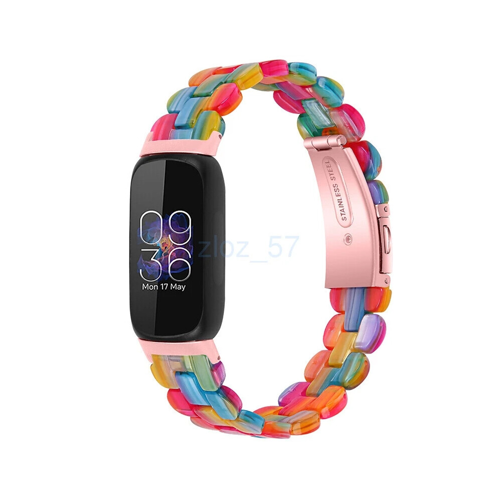 (Rainbow) For Fitbit Inspire 3 Fashion Luxury Resin Strap Stainless Steel Watch Band Light 6963793593668
