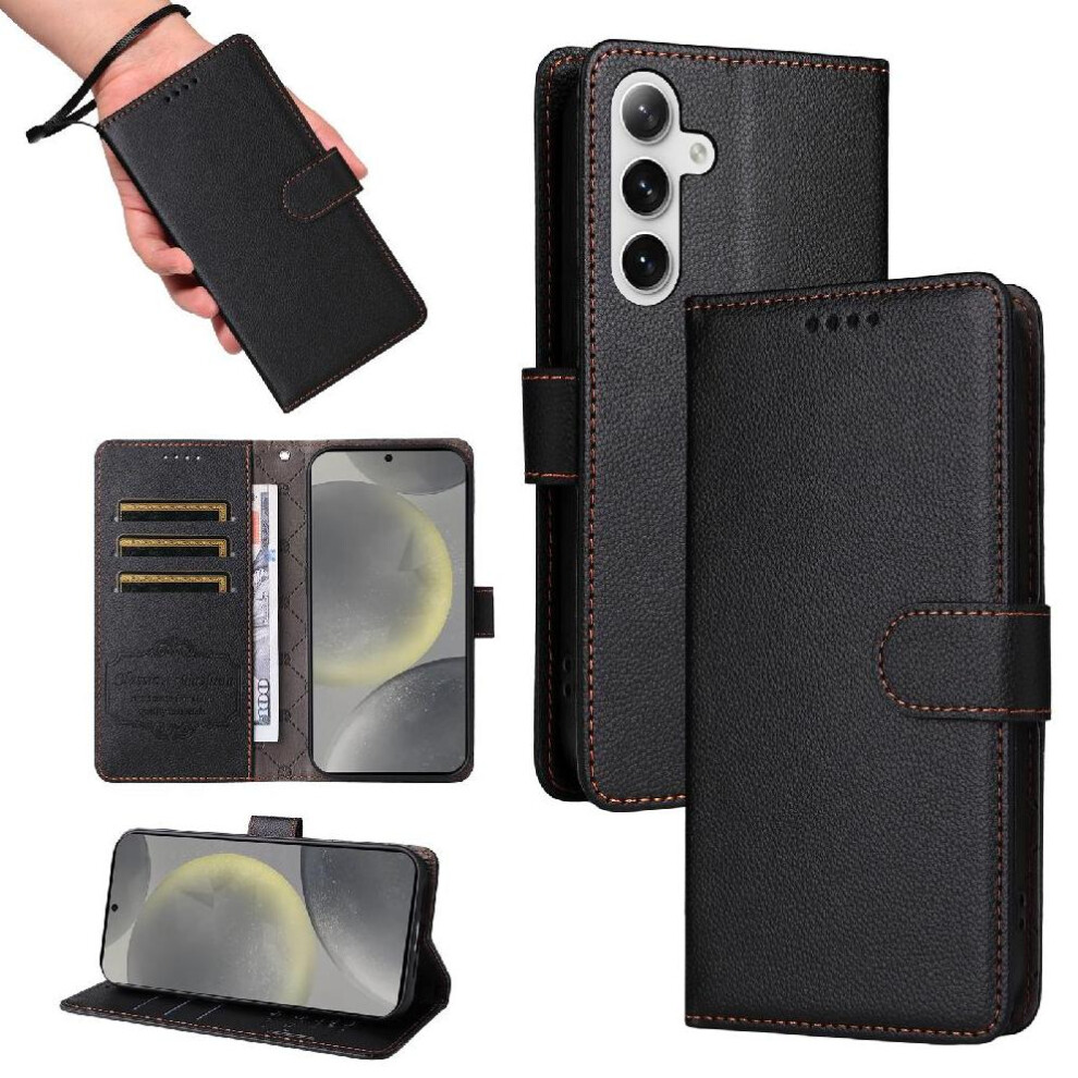 (Black) Flip Case For Samsung Galaxy S24 Crad Slot Wireless Charging Magnetic Car Mount Wallet Black 764563545377
