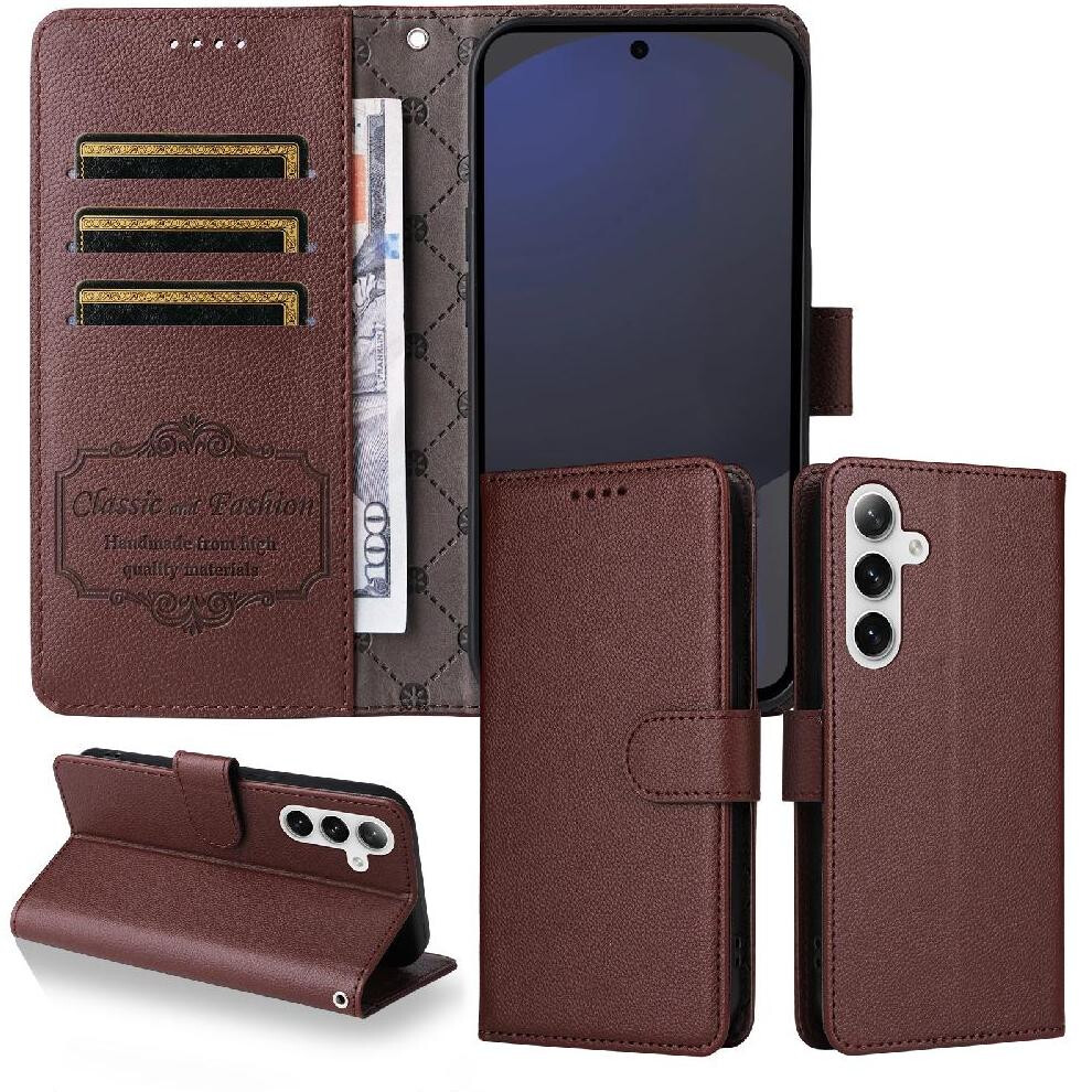 (Brown) Flip Case For Samsung Galaxy S24 Fe Magnetic Car Mount Wallet Wireless Charging Crad Slot Brown 764563545551