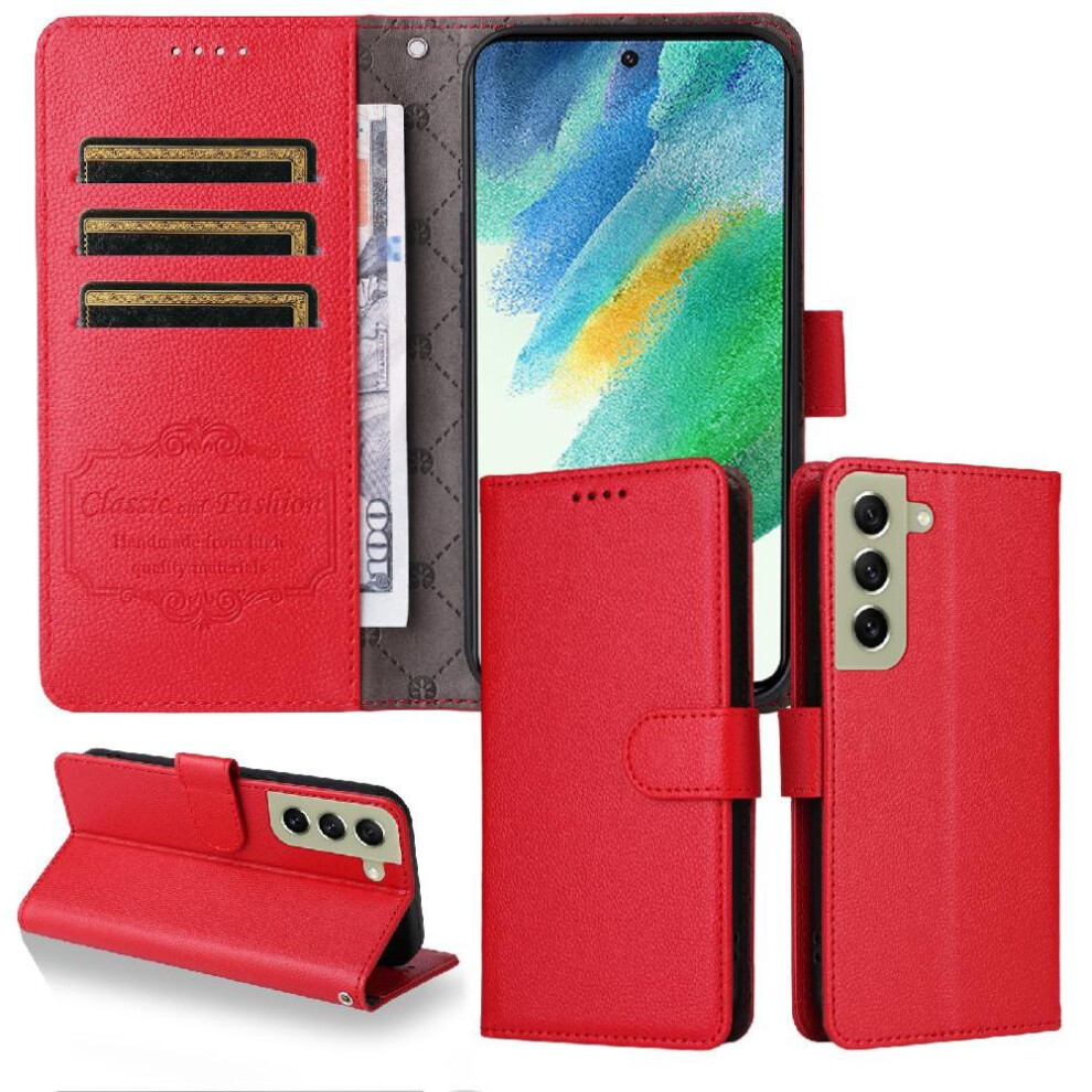 (Red) Flip Case For Samsung Galaxy S21 Fe Wireless Charging Magnetic Car Mount Wallet Crad Slot Red 764563545834