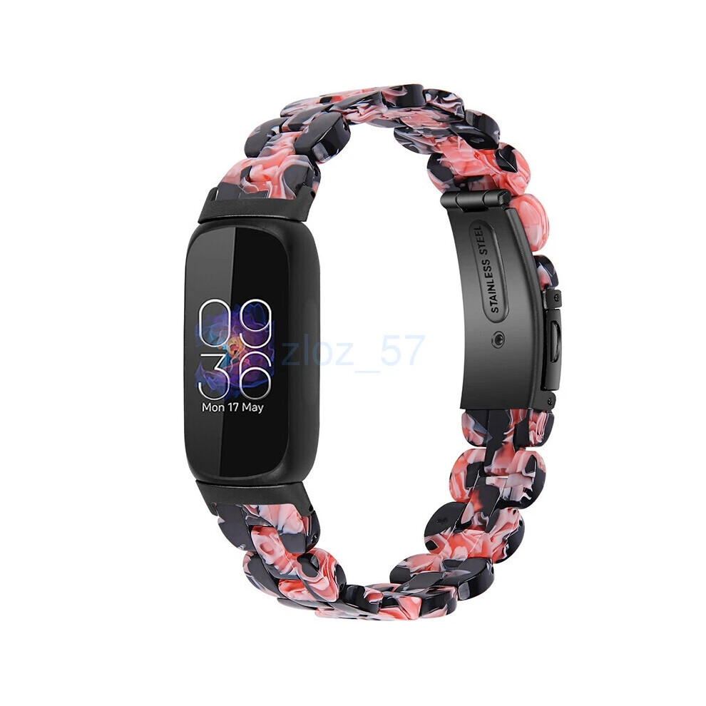 (Black Pink Flower) For Fitbit Inspire 3 Fashion Luxury Resin Strap Stainless Steel Watch Band new-image-OPC-PHGKQXY-NEW