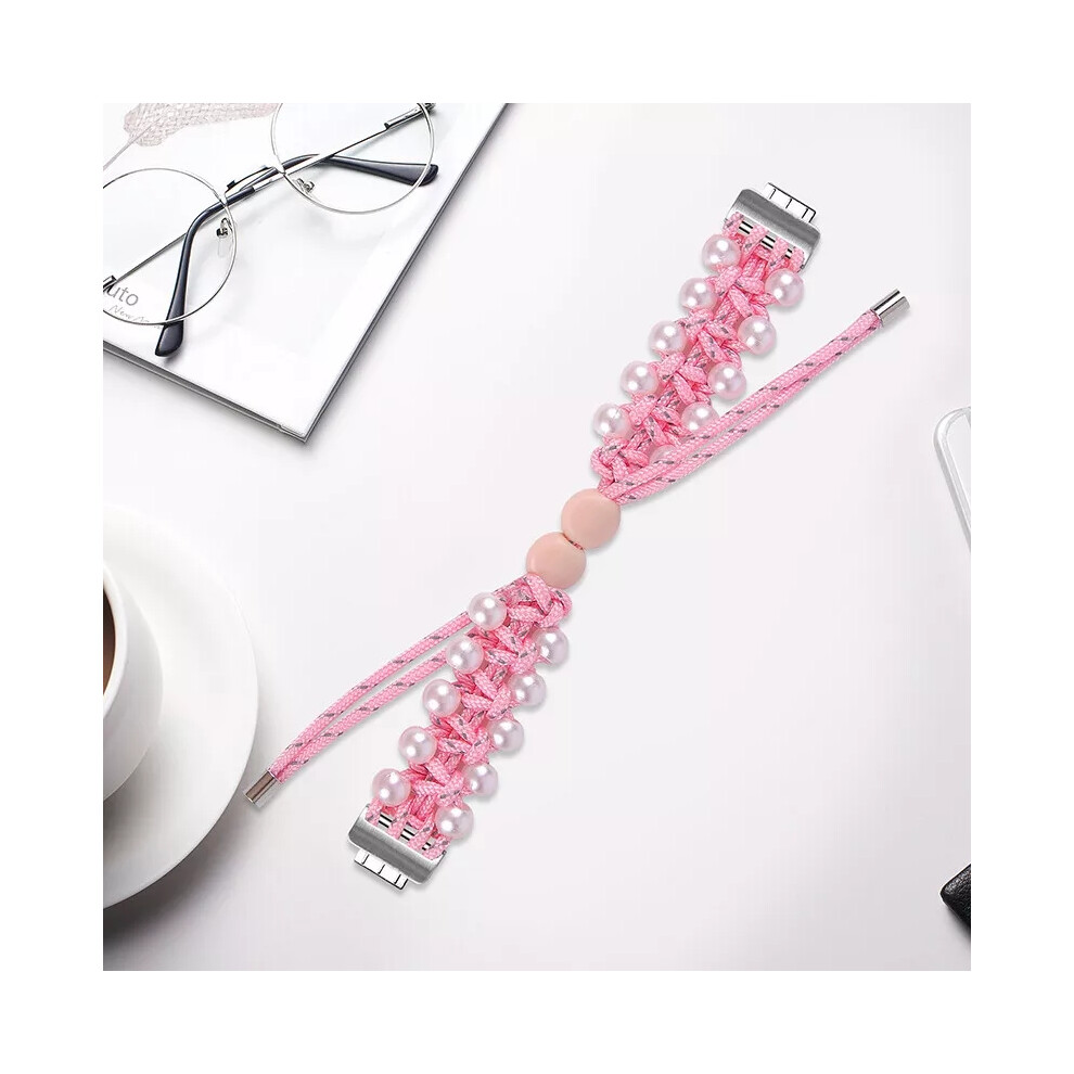 (Pink, For Fitbit Inspire 1/Hr) For Fitbit Inspire 3/2/1 Women Pearl Nylon Braided Band Wristband Strap Pink,White 6963793594900