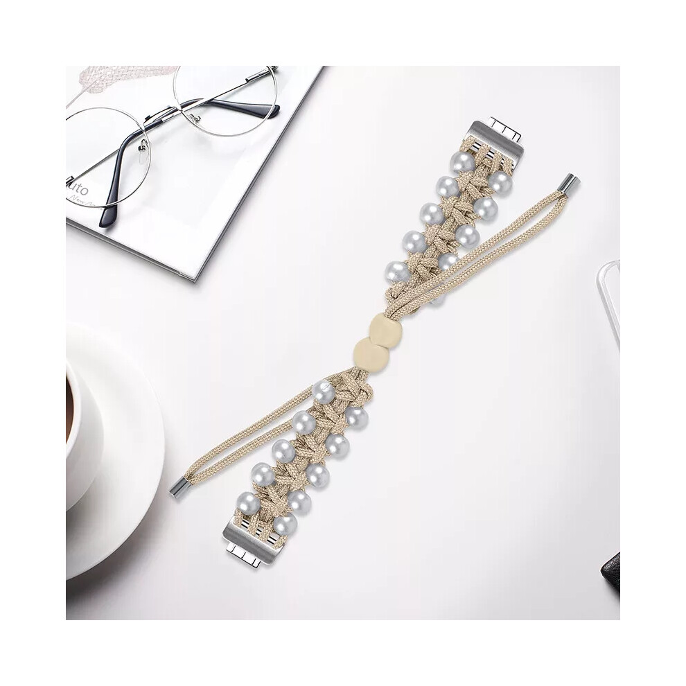 (Apricot, For Fitbit Inspire 1/Hr) For Fitbit Inspire 3/2/1 Women Pearl Nylon Braided Band Wristband Strap White 6963793594757