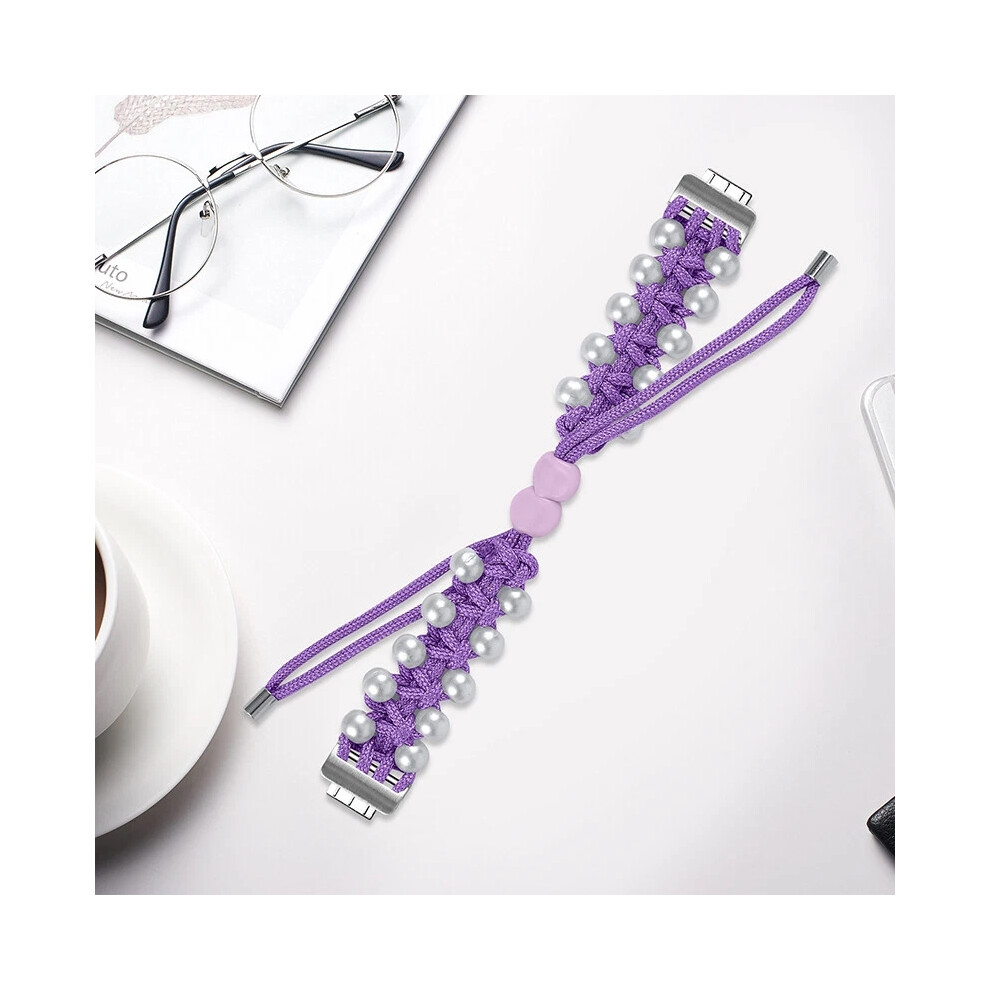 (Purple, For Fitbit Inspire 1/Hr) For Fitbit Inspire 3/2/1 Women Pearl Nylon Braided Band Wristband Strap White,Purple 6963793594931