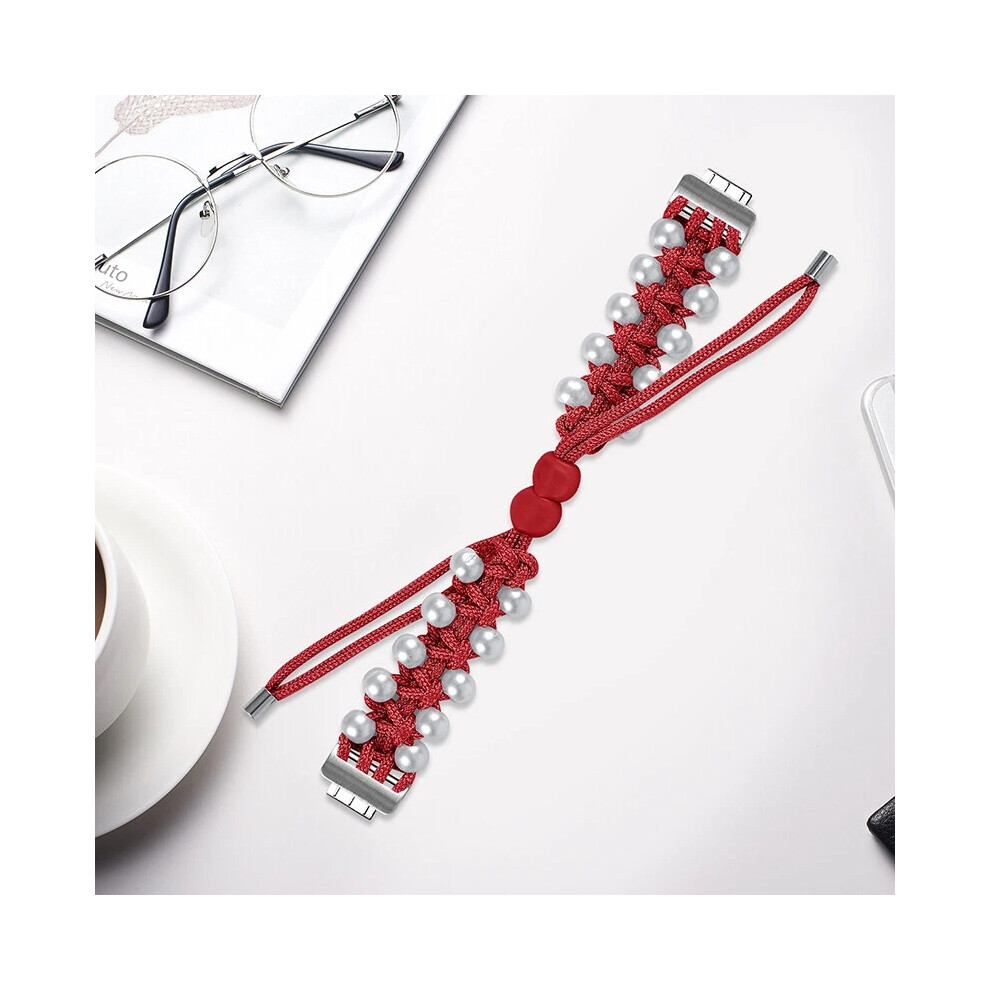 (Red, For Fitbit Inspire 1/Hr) For Fitbit Inspire 3/2/1 Women Pearl Nylon Braided Band Wristband Strap White,Red 6963793594962