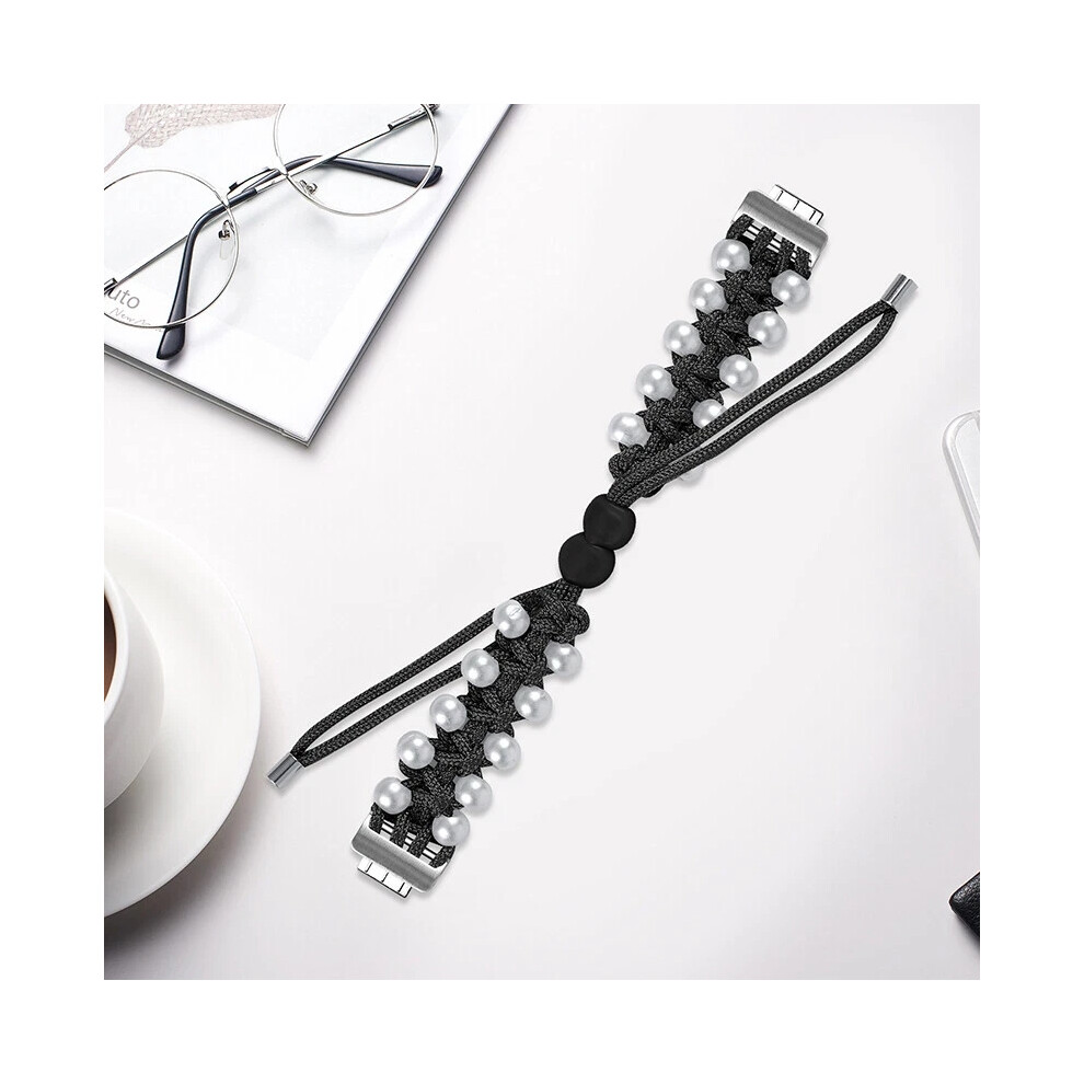 (Black, For Fitbit Inspire 1/Hr) For Fitbit Inspire 3/2/1 Women Pearl Nylon Braided Band Wristband Strap White,Black 6963793594788