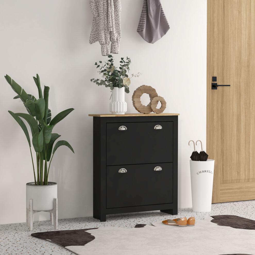 Homcom Unisex Black Drawer Shoe Cabinet Narrow Shoe Cupboard With Flip Doors, Size 2 - Image 5