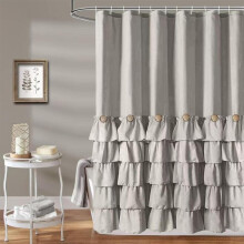 (Gray., 72x72in) Solid Color Ruffle Trim Shower Curtain,Woven Layered Ruffle Design Shower Curtain with Natural Button Accents,Machine Washable Polyester Bath Curtain