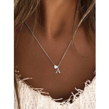 (Silver, W) Letter & Heart Charm Pendant Necklace for Women, Classic Initial Necklace Jewelry for Girls Gift, Fashion Jewelry for Party, Daily Clothing Decor