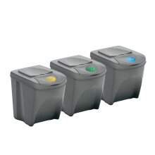 (Default) Set of 3 25 Litre Stackable Recycling Bins Storage Box with Lid, Grey Recycle Bin Organisers with Stickers, Garbage Home Kitchen Bin with Lids