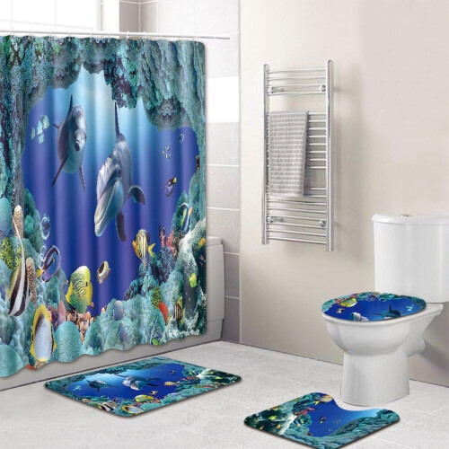 Ensemble rideau de douche + tapis de bain, ensemble d'accessoires de toilette 4 pièces