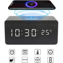 Sveglia digitale in legno con LED da tavolo e ricarica wireless