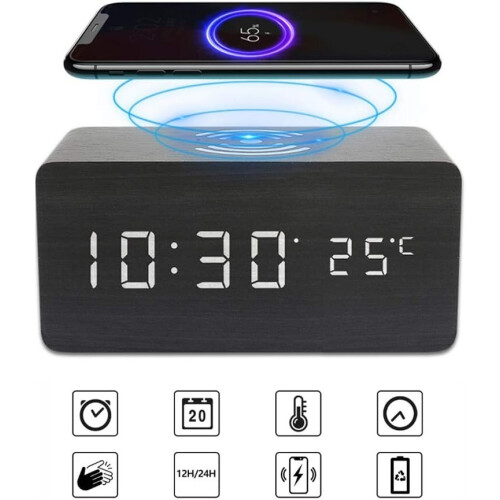 Despertador digital de madeira com LED de carregamento sem fio e mesa