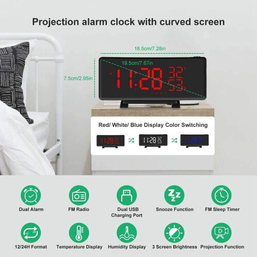 Despertador, relógio de projeção digital com carregamento USB
