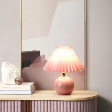 Luminária de mesa plissada estilo vintage com base de cerâmica rosa e cúpula plissada rosa