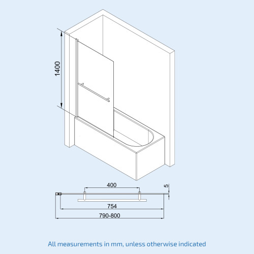 NES Home Nes Home 1700mm Round Bath, Square 800mm Bath Screen with Towel Bar 2