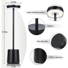 Luminária de mesa de metal sem fio, luminária de mesa LED portátil com sensor de toque, luz de alumínio