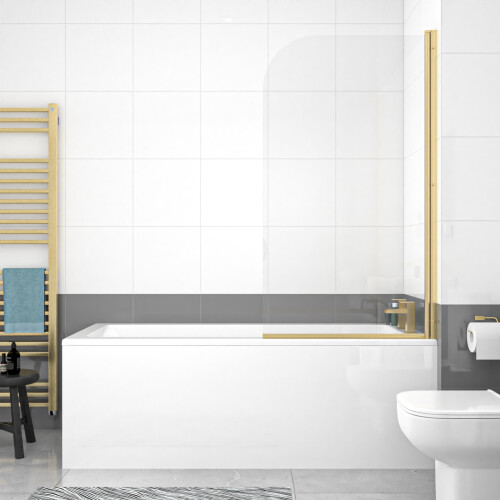 NES Home Nes Home 1700mm Square Bath with Legs and Brushed Brass Frame Curved Bath Screen 1