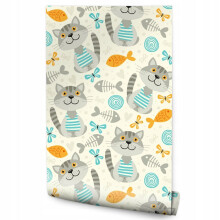 Lastenhuoneen tapetti Gray Cats Fish Butterflies
