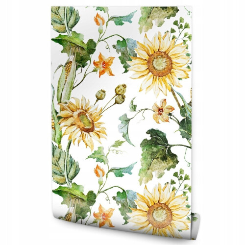 Carta da parati con girasoli e mais in acquerello