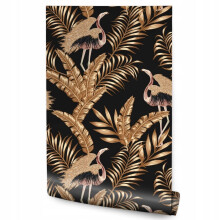 Papel de parede para sala de estar com pássaros e folhas tropicais em FLAMEJA