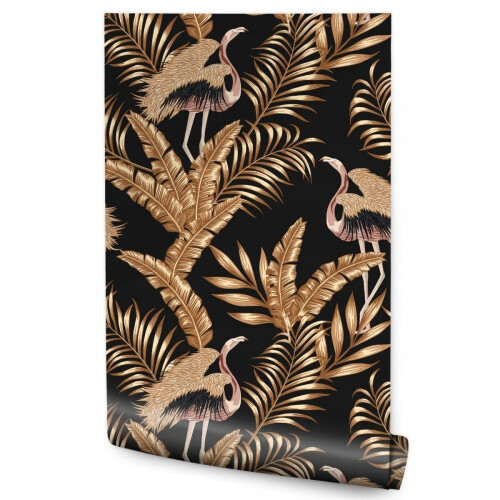 Papel de parede para sala de estar com pássaros e folhas tropicais em FLAMEJA
