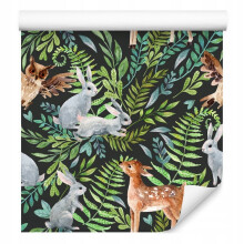 Papel de parede para quarto infantil Animais da floresta Veado Caudas de rato Folhas