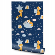 Papel de parede infantil Raposas bebês COSMOS Nuvens Estrelas