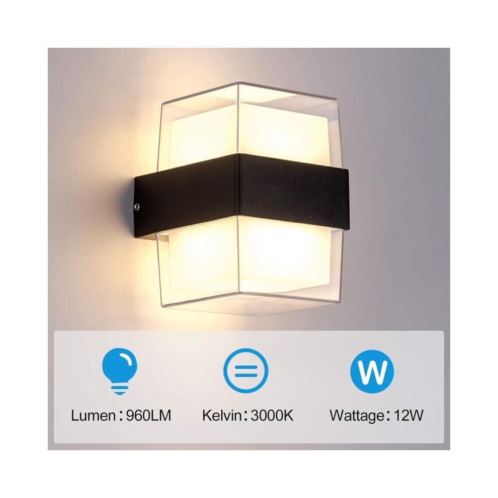 Applique murale de chambre 2pcs 12W LED Éclairage mural extérieur 3000K Blanc chaud Applique murale IP65 Acrylique