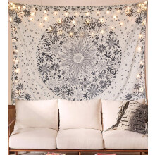 Tapiz bohemio para colgar en la pared, tapiz floral beige y blanco con medallón de margaritas de puntos