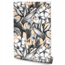 Papel de parede para quarto com flores tropicais em preto e branco