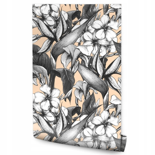 Papel de parede para quarto com flores tropicais em preto e branco