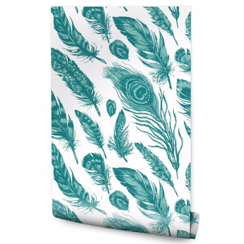 Papel de parede sala de estar penas turquesa decoração estilo boho