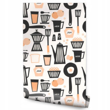 Papel de parede para chaleira de cozinha com legendas de frutas, café e leite