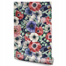 Papel de parede para sala de jantar Anêmonas Botões de ouro Flores em aquarela
