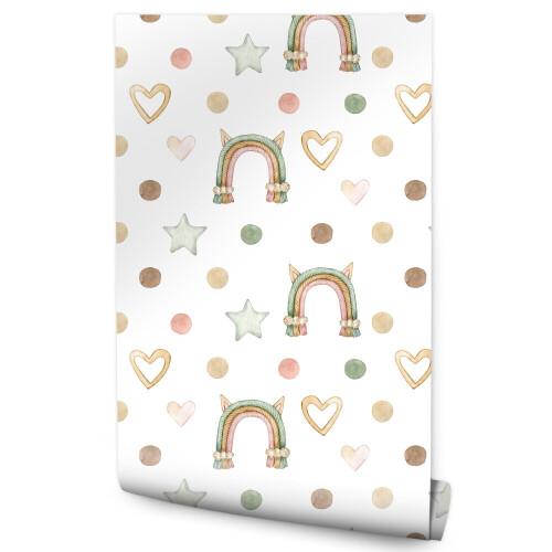 Papel de parede para quarto infantil estilo BOHO bolinhas arco-íris estrelas