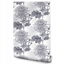 Papel de parede para sala de estar com flores de crisântemo preto e branco