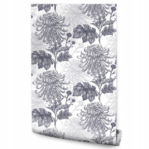 Papel de parede para sala de estar com flores de crisântemo preto e branco