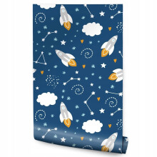 Papel de parede infantil COSMOS Estrelas Foguetes Nuvens
