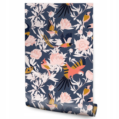 Papel de parede para sala de estar com pássaros, flores e folhas tropicais