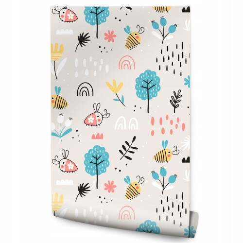 Carta da parati per bambini Api Alberi Fiori