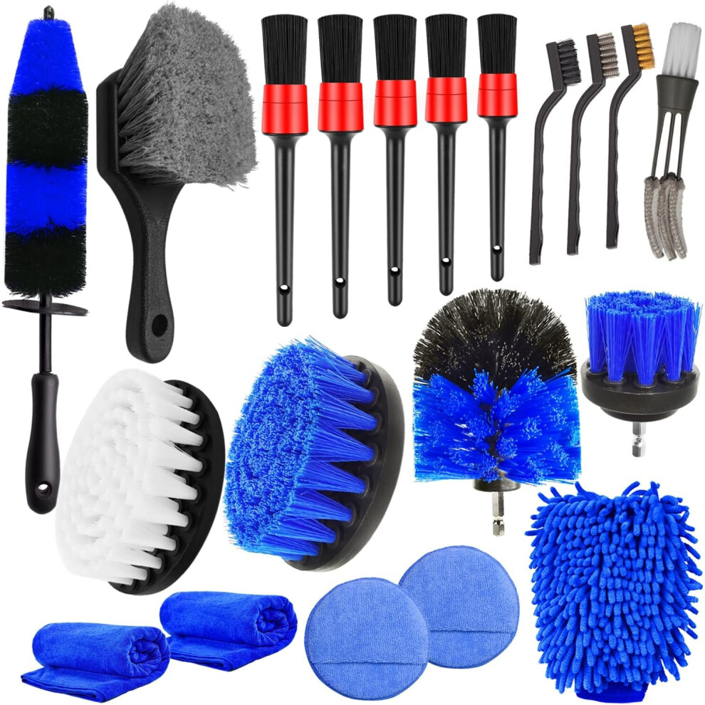 Kit de nettoyage de voiture 20 pièces avec brosse pour jantes, brosse pour perceuse, gant en microfibre, chiffon