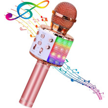 Microfone de karaokê sem fio Bluetooth 4 em 3 com luzes LED, microfone portátil para crianças e meninas