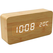 Sveglia elettronica a LED in legno con orologio digitale da tavolo attivato vocalmente