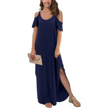Vestido longo solto casual de verão feminino, sem alças, ombro de fora, manga curta, vestido maxi dividido