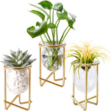 Suportes para plantas aéreas, metal dourado, decoração para casa, conjunto com 3 mini vasos geométricos,