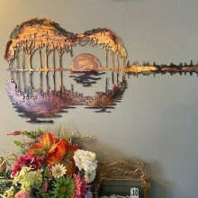 Guitarra de metal abstrata, arte déco, artesanato, metal forjado, floresta, pôr do sol, guitarra, arte