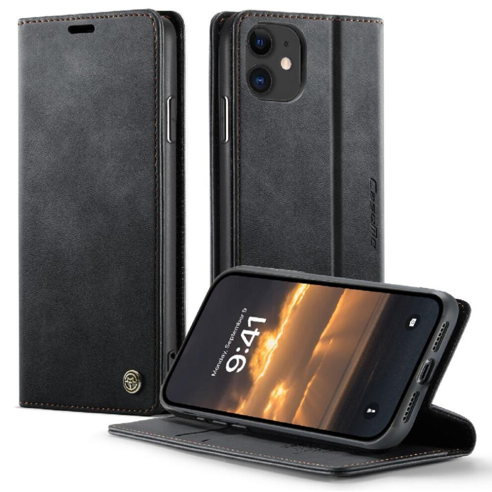 (Black) Retro Leather Wallet Case For Iphone 11 Adjustable Kickstand Shockproof Protection Rfid Blocking Black 764563548156
