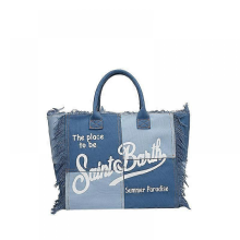 (blu)Borsa da spiaggia di grande capacità con nappa fatta a mano - Borsa tote in denim stampato alla moda